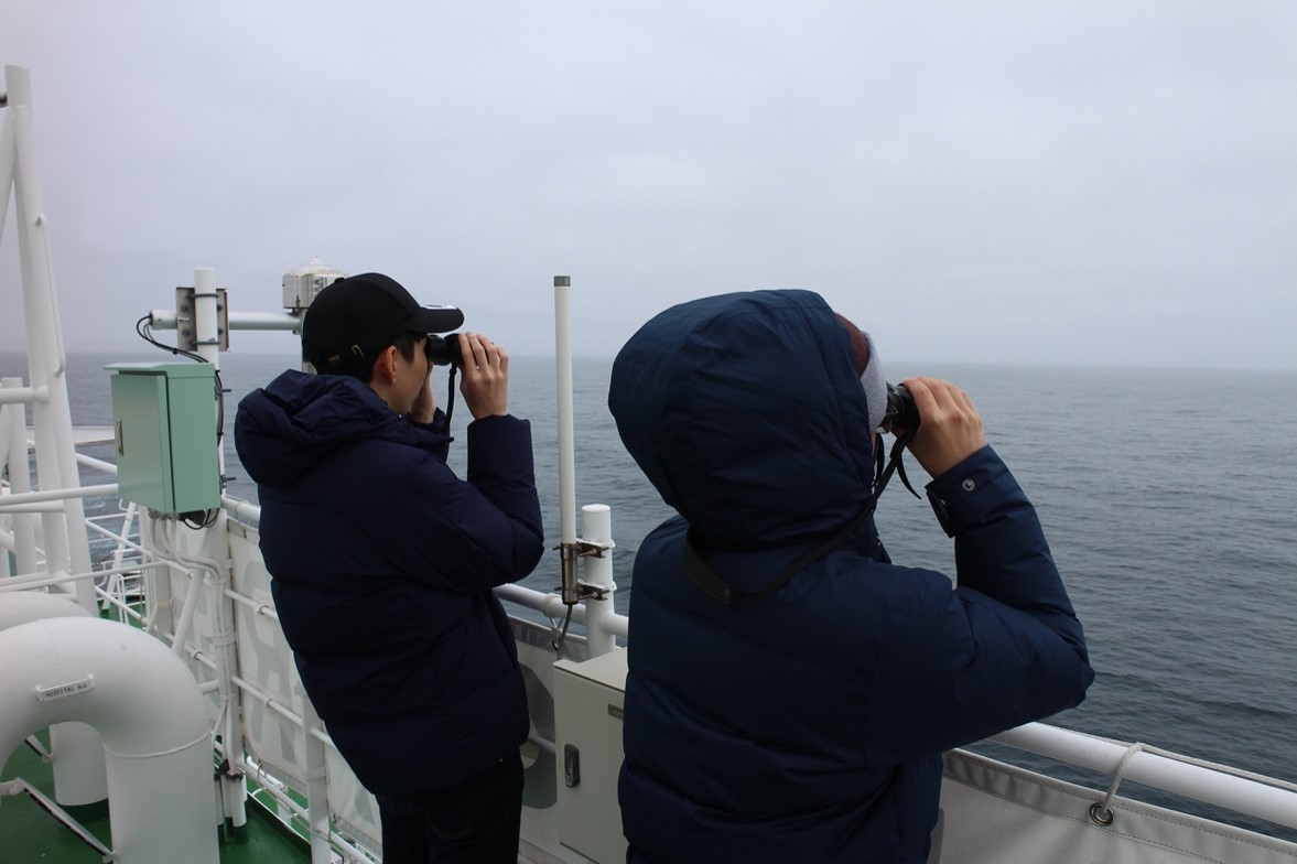 アリューシャン列島通過時に海棲哺乳類を黙視する航海実習生